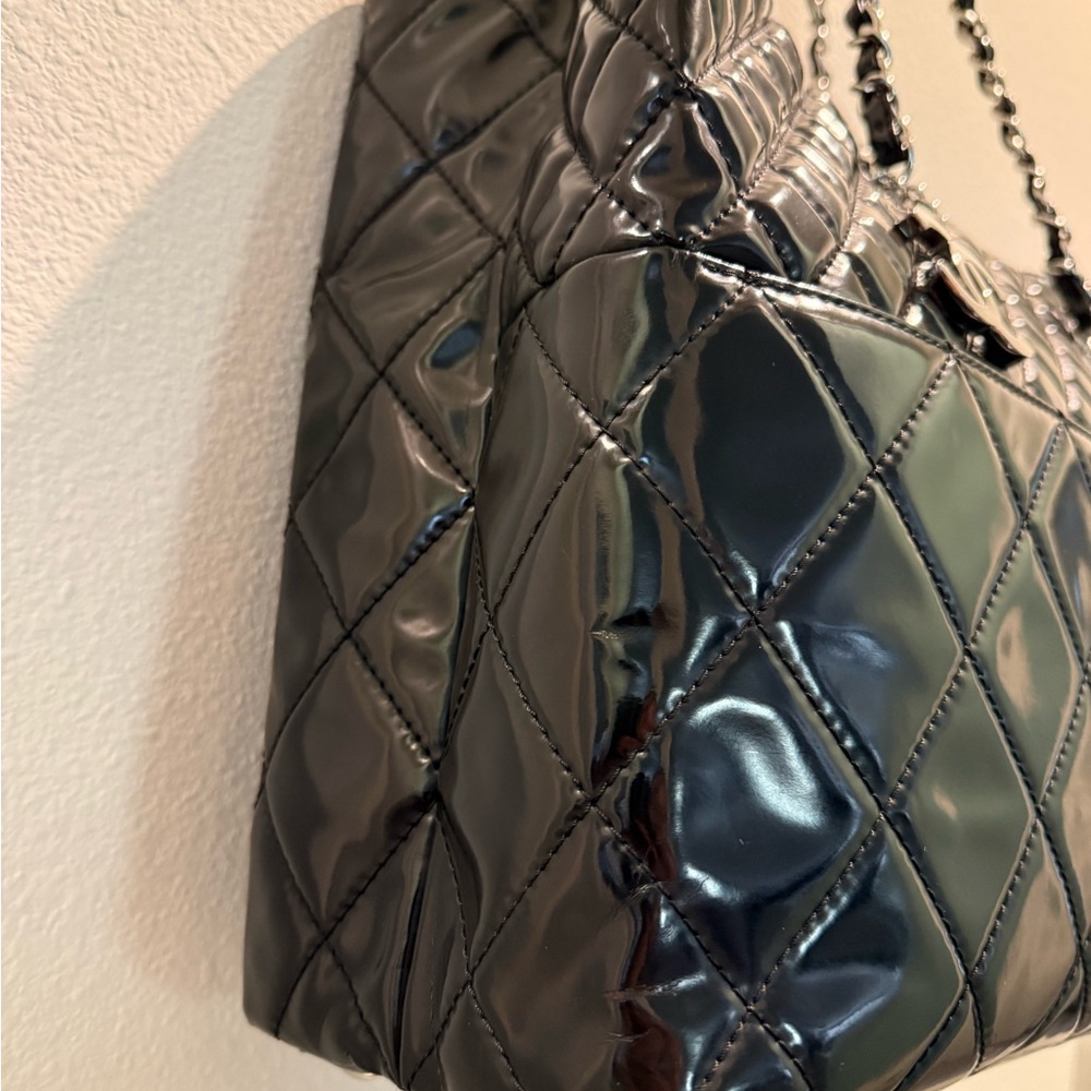 Chanel Black Quilted  Patent Leather Tote with Chain Shoulder Straps - Picture 6 of 13